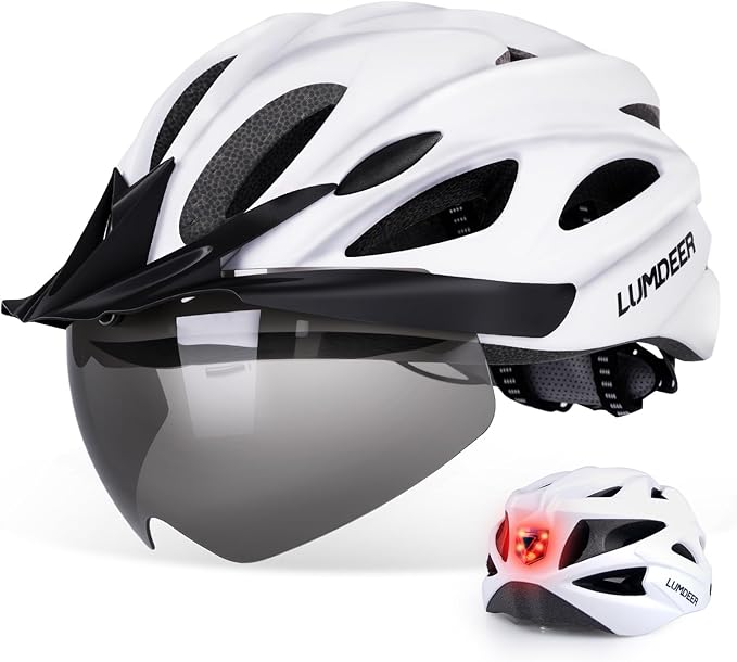Adult Bike Helmet for Commuting and Cycling, Bicycle Helmet with Rechargeable Rear LED Light & Magnetic Goggles & Removable Sun Visor, Mountain and Road Bicycle Helmets for Men and Women 3 in 1