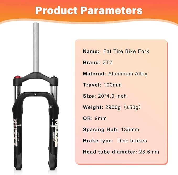 ZTZ 20 * 4.0 inch Fat Tire Oil Spring Suspension Fork - 100mm Travel, 135mm Spacing Hub, 9mm QR, Crown Lockout, Fat Tire Bike Front Fork, Fit for Snow Beach XC Mountain Bikes