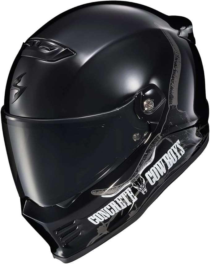 ScorpionEXO Covert FX Full Face Adult Motorcycle Helmet Street Fighter Style - Bluetooth Ready Speaker Pockets DOT ECE Concrete Cowboys (Gloss Black - Large)