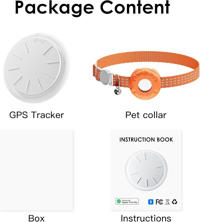 Cat Tracker, Lightweight GPS Tracker, Compatible with Apple Find My App(Only iOS), Waterproof Cat Trackers Collar with Bell and Safety Elastic Buckle, Real-Time Location Pet Trackers, Orange