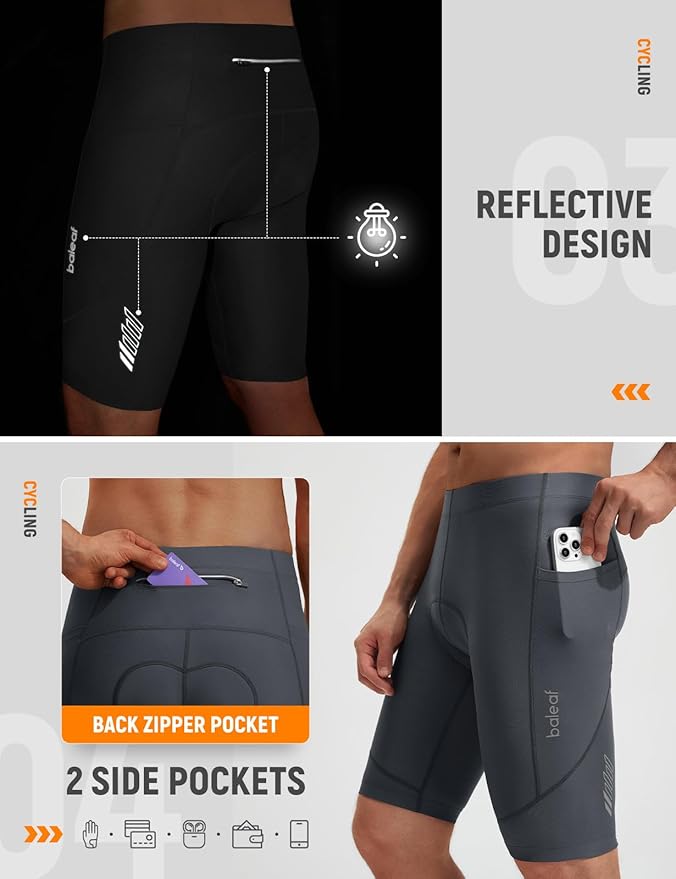 baleaf Men's 4D Padded Bike Shorts Cycling Zipper Pockets Biking Bicycle Mountain Riding Biker Cycle UPF 50+