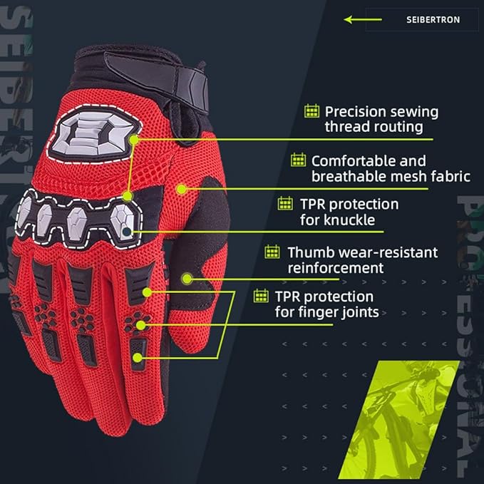 Seibertron Unisex BMX MX ATV MTB Racing Mountain Bike Bicycle Cycling Off-Road/Dirt Bike Gloves Road Racing Motorcycle Motocross Sports Gloves Touch Recognition Full Finger Glove