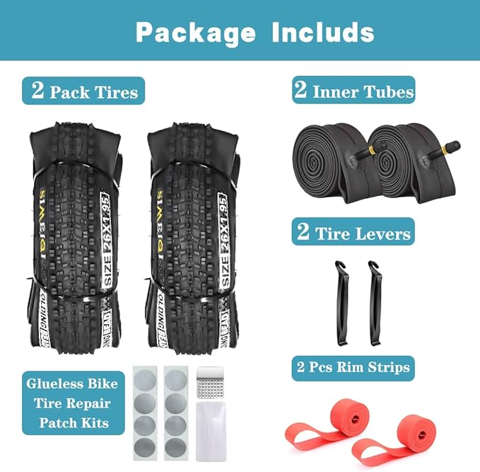 SIMEIQI 2 Pack 24/26/27.5x1.95 26x2.1 29x2.125 Inch Anti-Puncture Tires for Mountain Bike and Tubes Folding Replacement Bicycle Tyres for Hybrid Trails Commuter City Road