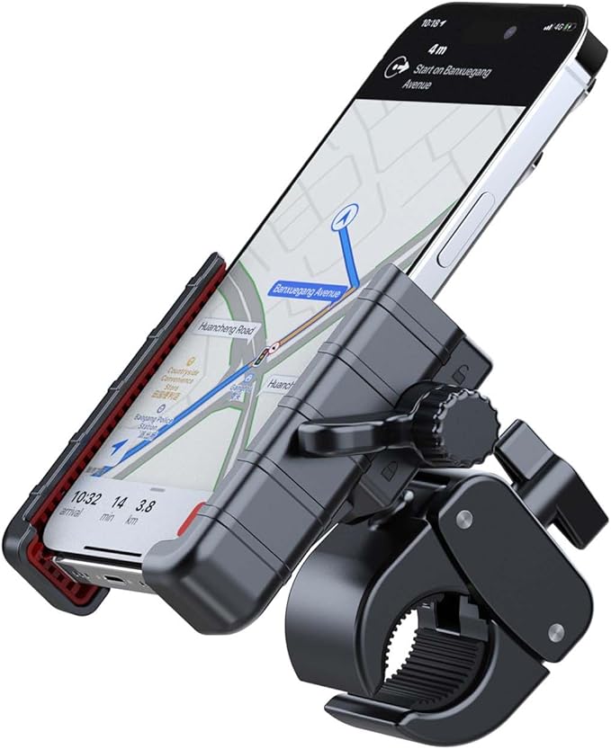 Bike Phone Holder Mount,Motorcycle Handlebar Cell Phone Clamp, Anti-Shake Phone Clip with Cushioned Silicone Pads, Camera Friendly Hands Free Sport for iPhone Samsung 4.7-7.2” Smartphone