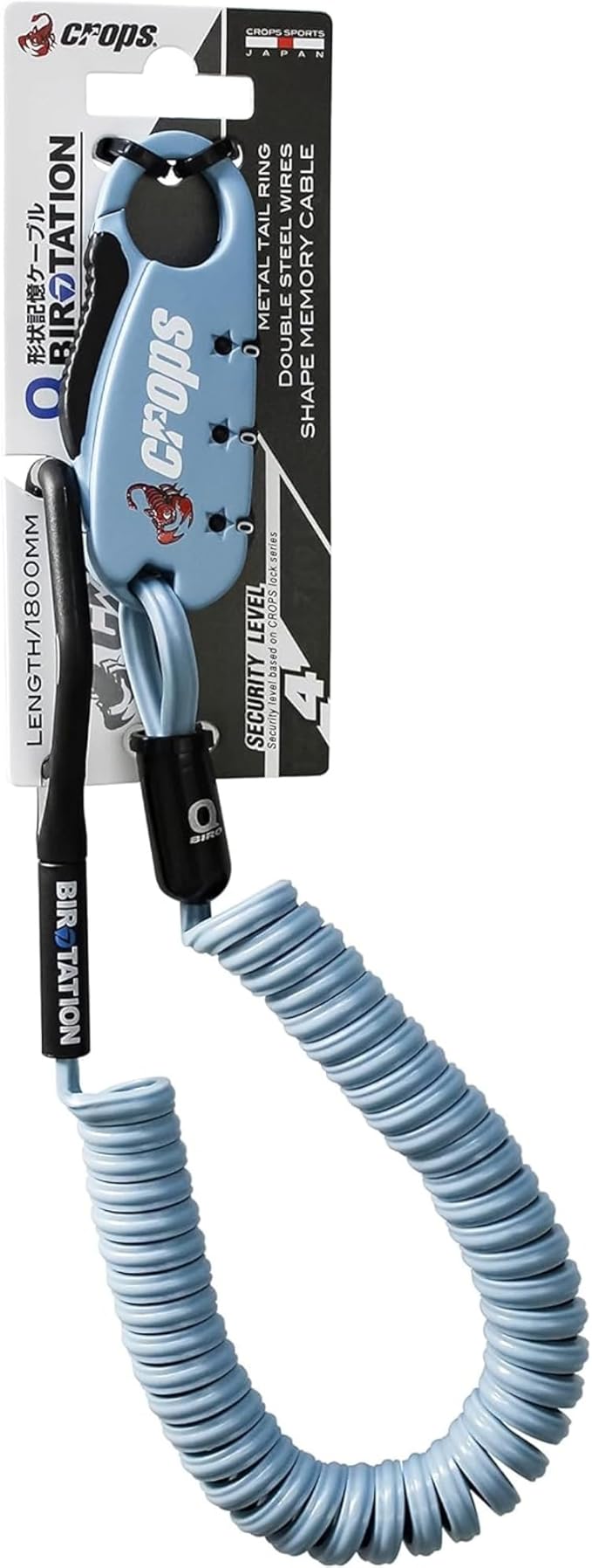 CROPS Q-BIRO Compact Bike Lock Cable, 6 ft, Indigo Blue Anti-Theft 3-Digit Resettable Combination Lock with a Shape-Memory Coiled Cable and BIROTATION Technology
