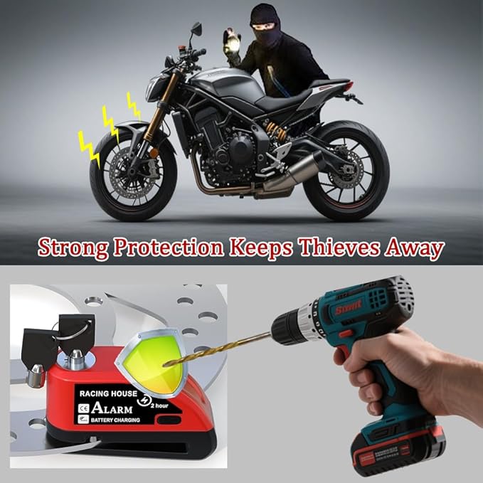 Motorcycle Alarm disc Brake Lock - USB Rechargeable, 130 Decibel Sound, Anti-Theft and Waterproof, Suitable for Various Bicycle and Motorcycle Models. with Reminder Rope and hex Wrench. (Black)