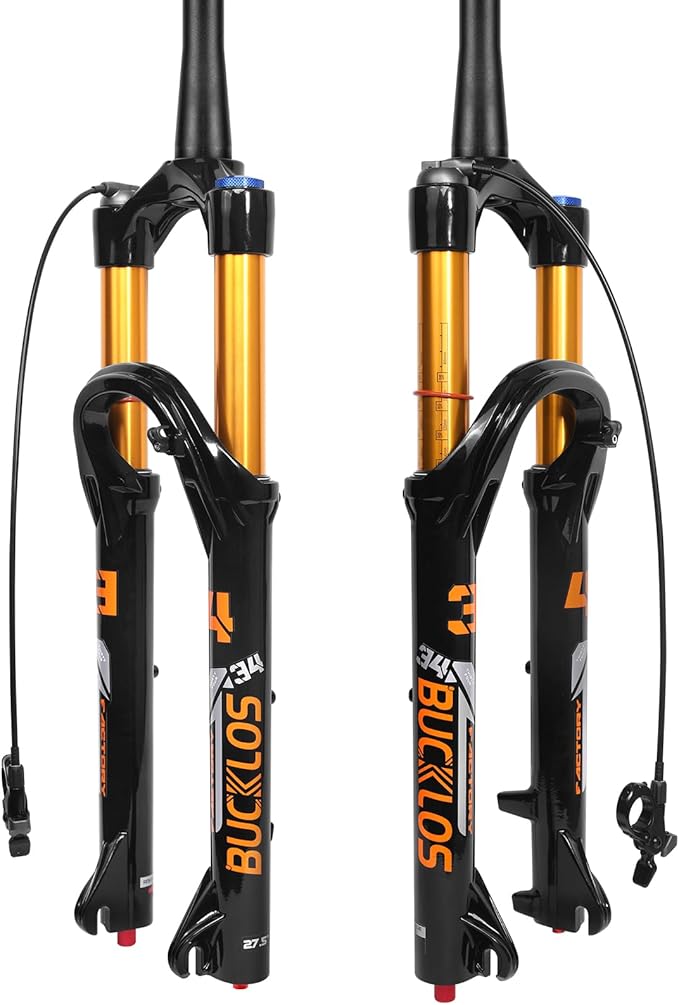 BUCKLOS 26/27.5/29 inch Travel 140mm MTB Air Suspension Fork, Rebound Adjustment 34mm Stanchions 1-1/8" Threadless Straight/Tapered 9*100mm QR Manual/Remote Lockout XC AM Mountain Bicycle Front Forks