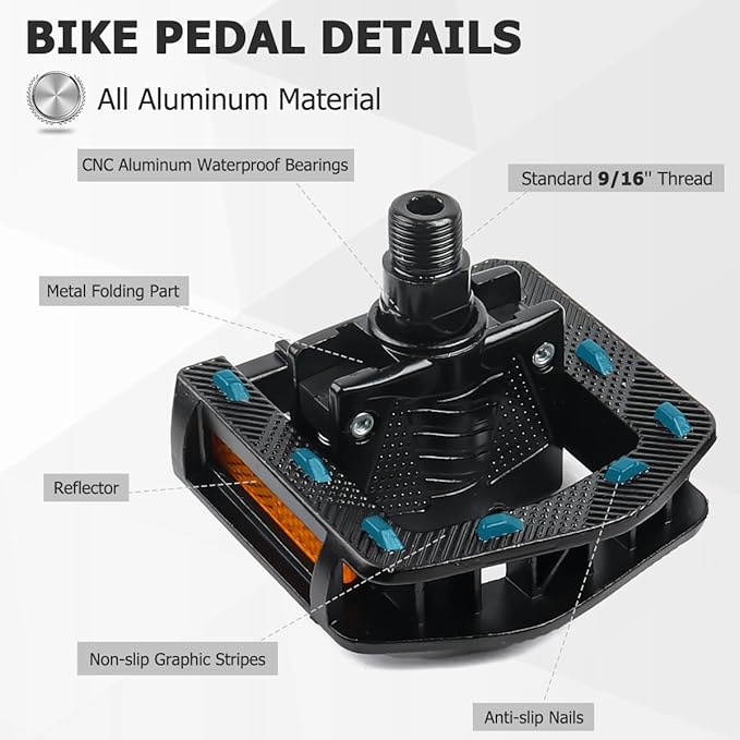 Folding Bike Pedals, Mountain Bike Pedals CNC Aluminum Bicycle Flat Pedals, 9/16'' with Reflective Strips | Non-Slip | Waterproof | Wide Flat Cycling Pedals for E-Bike, Urban Commute, MTB Bikes