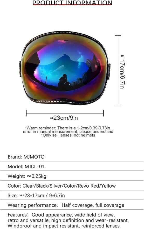 Universal Open Face 3/4 Helmet Visor Lens Bubble Motorcycle Windshield Capacete Lens Vintage Motorbike Helmet Goggles (Revo Red)