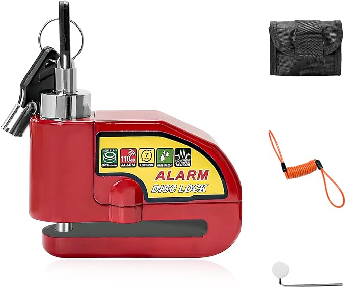 Alarm Disc Lock Set, 110dB Alarm Sound Anti-Theft Security Brake Padlock with 5ft Reminder Cable, Waterproof Battery Powered Disc Brake Lock for Motorcycle Bicycle Scooter (Red)