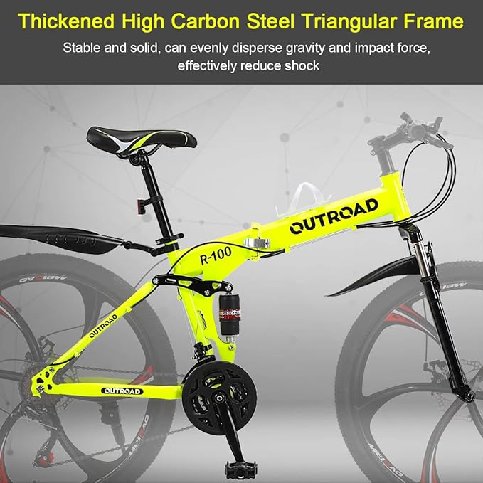 Outroad Folding Mountain Bike Foldable/Unfoldable Bike 26 Inch for Adult, 21-Speed Dual Suspension High-Carbon Steel MTB Foldable Bicycle, Dual Disc Brake Folding Bikes for Men Women