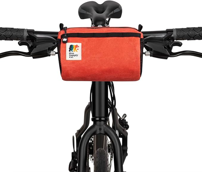 Bike Handlebar Bag – Waxed Canvas Exterior with Quick-Access Waterproof Zipper, Side Mesh Pockets and Spacious Storage – Ideal for Cycling, Commuting and Adventure Rides (Red/Orange)