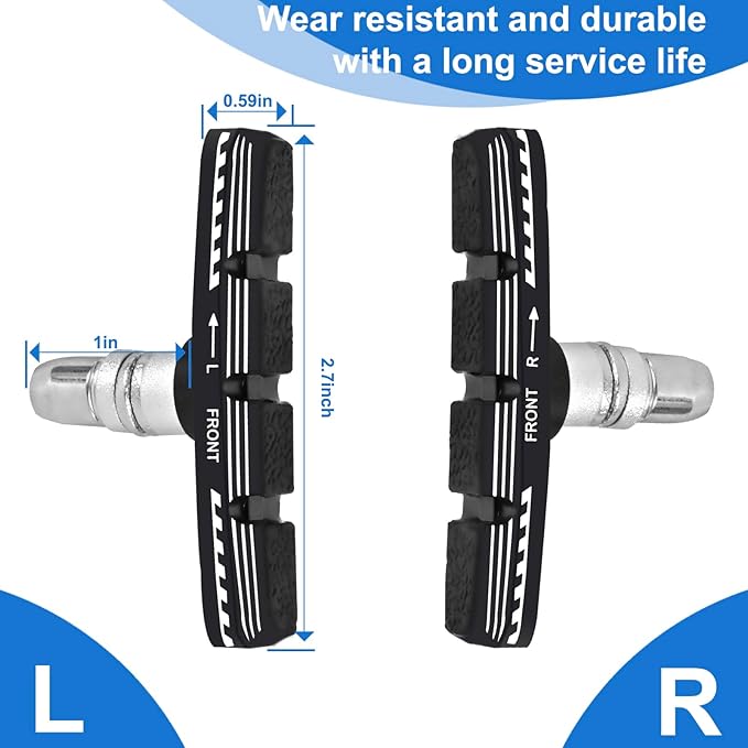 Bike Brake Pads Set, 70mm Universal V-Brake Blocks for Mountain and Road Bicycles, No Noise, No Skid, Includes Hex Wrench, Nut, and Shims for Front and Rear Wheels 2Pairs