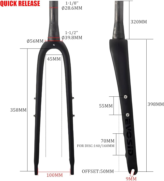 Gravel Fork Full Carbon Fiber Road Bicycle Fork 28.6mm Disc Brake Bike Fork 700 * 45C Thru Axle 12X100mm V Brake Hard Fork