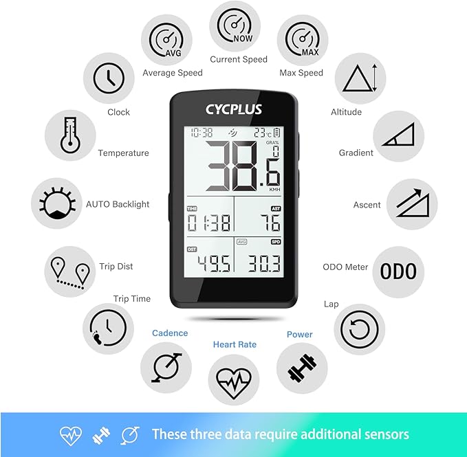 CYCPLUS Bike Computer GPS Wireless, ANT+ Cycling Computer GPS with Bluetooth, 2.8" LCD Screen,100+ Hours Battery Endurance Bike Speedometer with Auto Backlight IP67 Waterproof