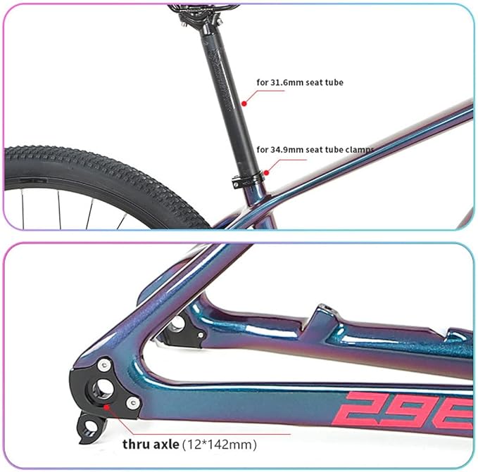 Carbon Bike Frame 27.5er 29er Discoloration Mountain Bike Frame XC 15'' 17'' 19'' Disc Brake Hardtail Bike Frame Thru Axle 12x142mm Internal Routing(Blue,27.5 * 15'')