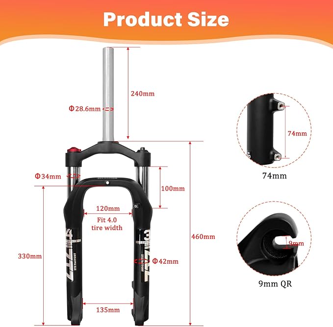 ZTZ 20 * 4.0 inch Fat Tire Oil Spring Suspension Fork - 100mm Travel, 135mm Spacing Hub, 9mm QR, Crown Lockout, Fat Tire Bike Front Fork, Fit for Snow Beach XC Mountain Bikes