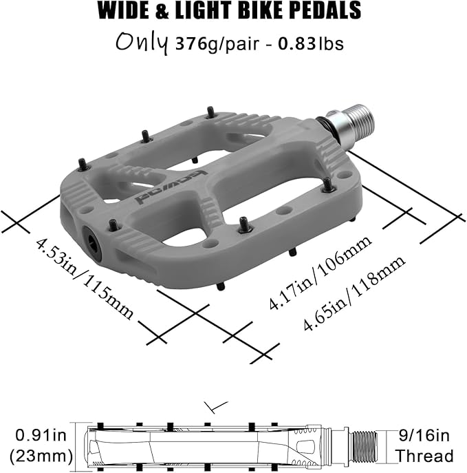 MTB Pedals Flat Mountain Bike Pedals Adult, Light and Wide Nylon Composite Bicycle Platform Pedal w Grippy Pins, 9/16" Cr-Mo Spindle 2 Bearings, Clipless Pedals for BMX Gravel Road E.Bike 9/16"