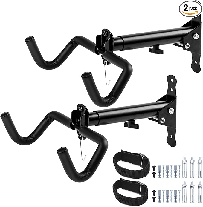 Cyfie Bike Wall Mount Garage Rack, Adjustable Horizontal Bike Storage Hanger Hooks with Wheel Stabilizer Strap, Indoor Hanging Bicycle Holder in Apartment Garage for Mountain Road Hybrid Bike (2 Pack)