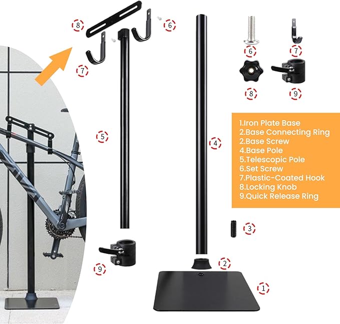 Heavy Duty Bike Floor Stand, Vertical Bicycle Storage Rack for Indoor Garage, Adjustable Rubber Hooks for Road, Mountain & Ebikes, Includes Multi-Function Repair Tool & Chain Plier