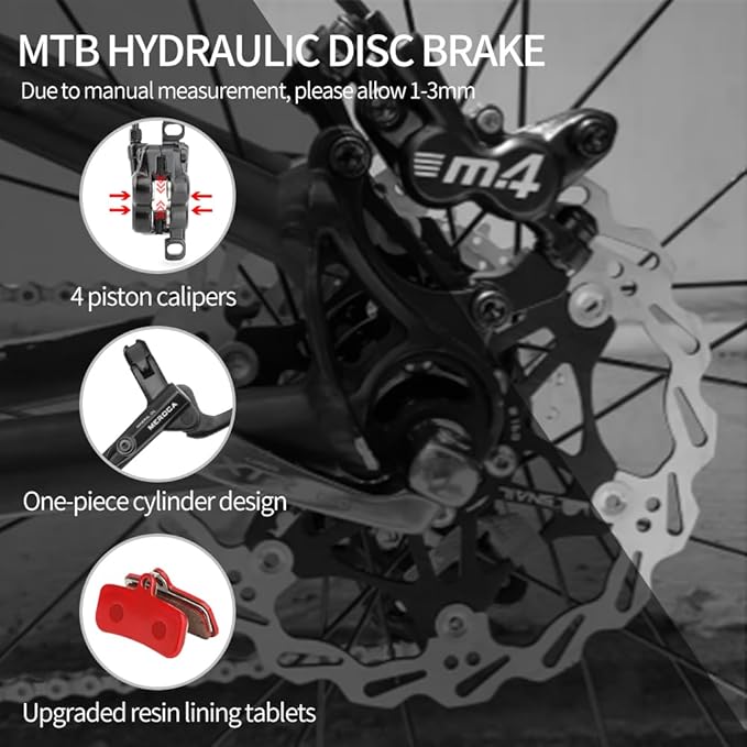MEROCA M4 4-Piston Mountain Bike Hydraulic Disc Brakes Hydraulic Bike Brakes Front 800mm and Rear 1400mm with PM Adapter for 160mm Rotor