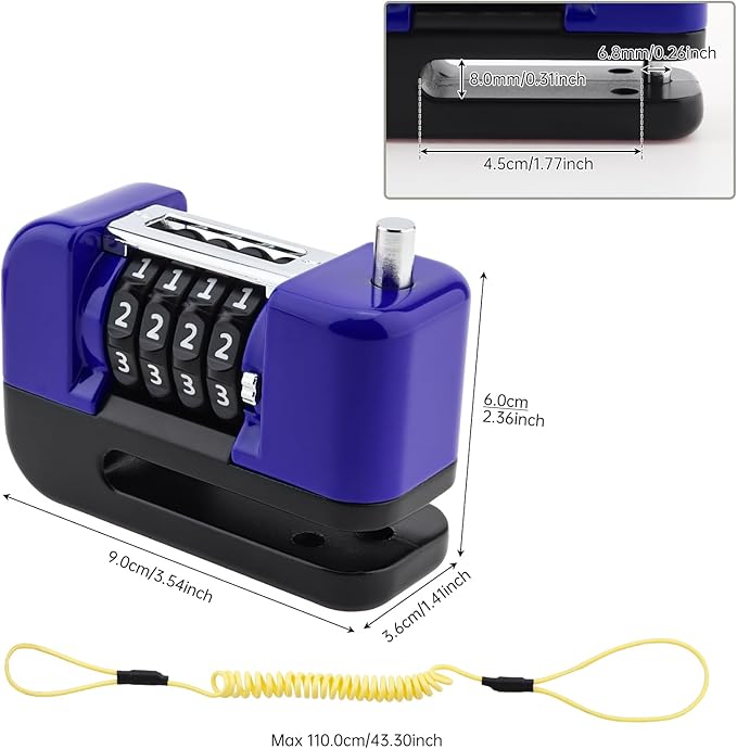 Windance Motorcycle Disc Brake Lock with Reminder Cable, Anti Theft Combination Wheel Lock,Waterproof Aluminum Alloy Keyless Password Security for Motorcycle Scooter Dirt Pit Bike E-Bike (Blue)