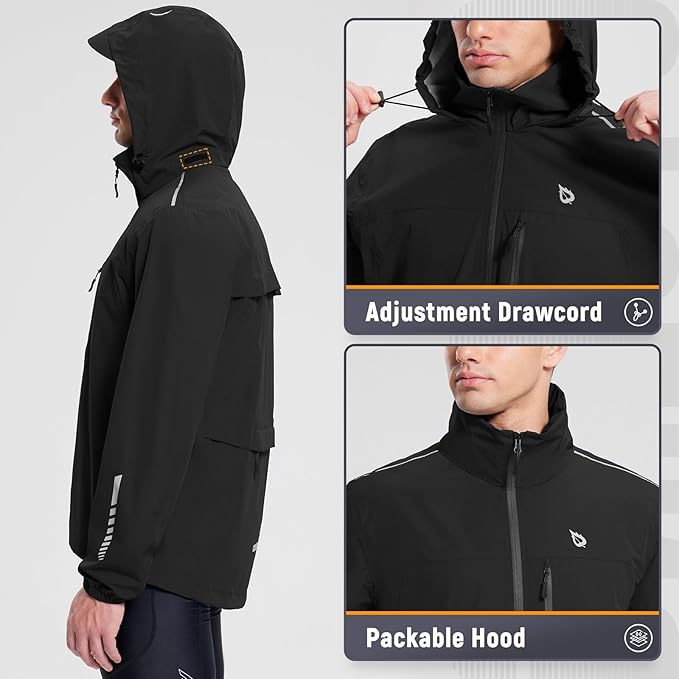 baleaf Men's Rain Jacket Waterproof Windbreaker Raincoat Running Cycling Hiking Gear Hood Lightweight Reflective Packable