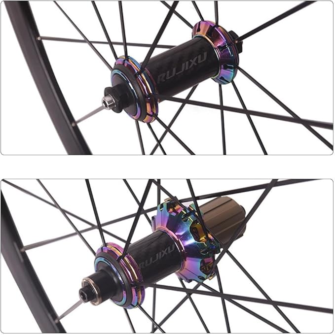 700C Road Bike Wheelset C/V/Rim Brake with Carbon Hub 50mm Double Wall Bike Rims Front and Rear Wheels 8/9/10/11Speed Cassette 100/130mm QR 16H Front 21H Rear(Colorful hub)
