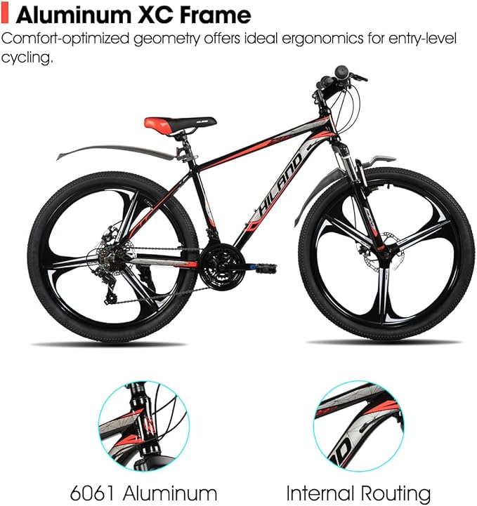 HILAND 26" MTB Mountain Bike for Men Women Adults, 18-Speed, Disc Brake, Lightweight Aluminum Frame, 3/6 Spoke Wheel