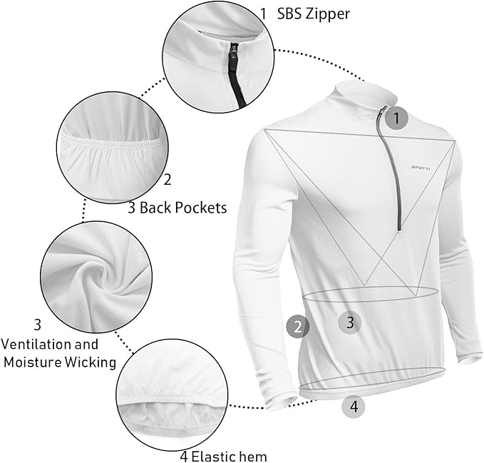Spotti Men's Cycling Bike Jersey Long Sleeve with 3 Rear Pockets - Moisture Wicking, Breathable, Quick Dry Biking Shirt