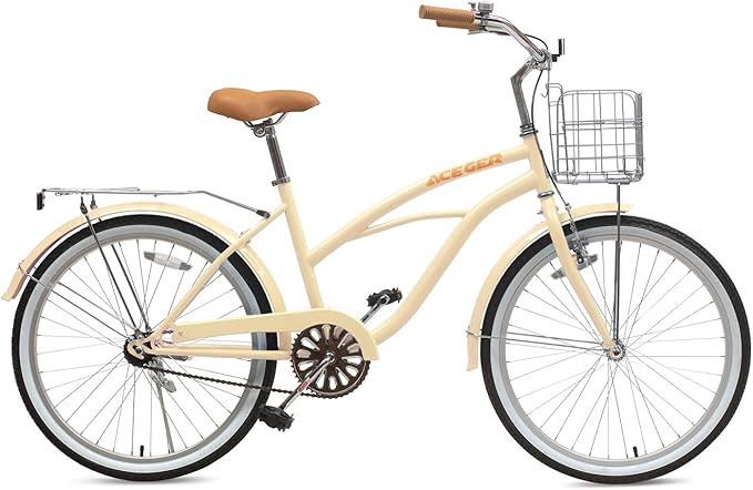 ACEGER 24 26 Inch Women Beach Cruiser Bike, Single Speed and 7 Speed, Adult Hybrid Bike Commuter Bicycle, Hi-Ten Steel Frame with Adjustable Handlebar and Saddle, Multiple Colors