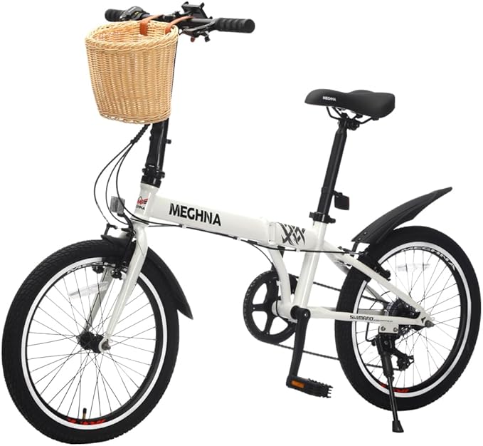 20 Inch Folding Bike for Adults, 6-Speed Steel Frame City Commuter Bicycle with Basket, Phone Holder, Fenders and Dual V-Brake, Portable Compact Foldable Cycle for Men and Women