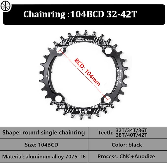 Cyclon Single Speed Square Taper Crankset, 170mm Mountain Bike Crankset with 104BCD 32T/34T/36T/38T/40T/42T Narrow Wide Tooth Round Black Chainring, Replacement for Bicycle Crank Arm Set MTB Crankset