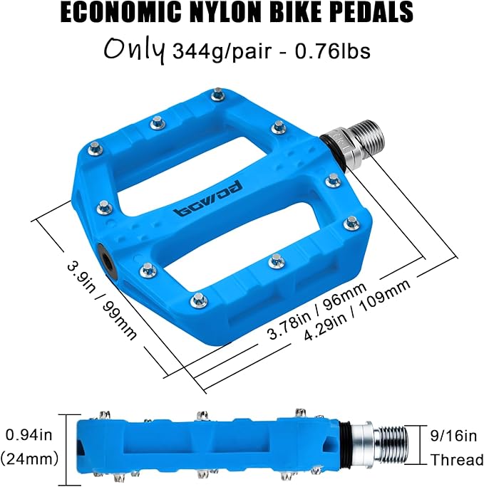 Flat MTB Bicycle Pedals Mountain Bike Colored Pedals, Glass-Fiber Nylon Composite Platform Pedal w 9/16" Sealed Cr-Mo Spindle, BMX Gravel Road Bike Pedals Clipless for Adult Women Youth Bikes