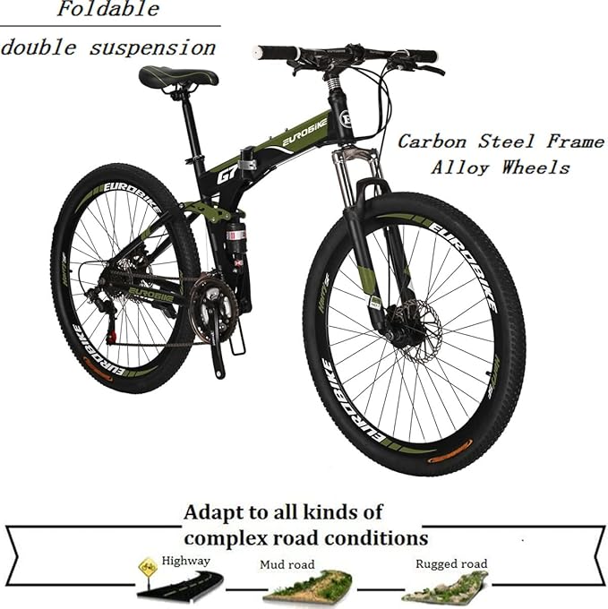 EUROBIKE Mountain Bike, 21 Speed, 26/27.5 Inches, Dual Suspension, Folding, for Men