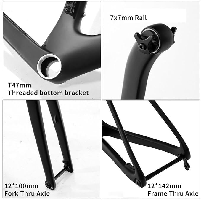 700C Road Bike Frameset 44 47 50 53 56 Cm Carbon Fiber Disc Brake Bike Frame Thru Axle F12×100mm R12×142mm Windbreaker Frame T47mm Threaded Bottom Bracket Max 32C Tire(Gray,53cm)