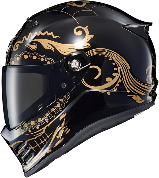 ScorpionEXO Covert FX Full Face Adult Motorcycle Helmet Street Fighter Style - Bluetooth Ready Speaker Pockets DOT ECE El Malo (Gold/Gloss Black - 2X-Large)