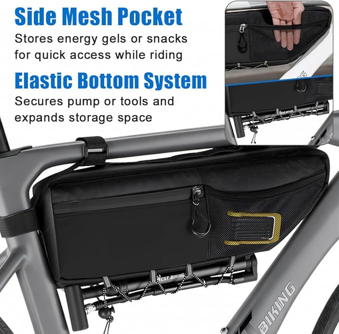 Top Tube Bike Bag - 2.6L Bike Frame Bag with Water Resistant Zipper, Large Capacity Bicycle Bag, Durable Cycling Bag for Mountain Road Bikes, Anti Scratch Bike Top Tube Bag with Side Pockets