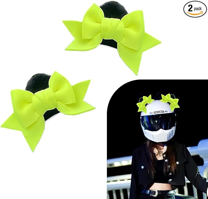 2 PCS Bow Ears Motorcycle Helmet Decor, Cute Cartoon Cat Ears Helmet Decoration, Removable Self Adhesive Motorcbike Bow Accessories, Universal for Most Ski, Bike & Motorcycle (Green)