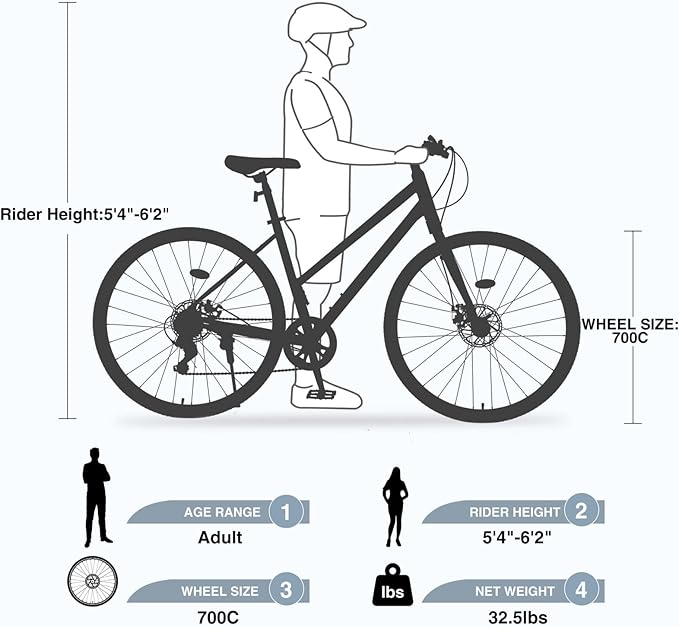 7 Speed Hybrid Road Bike for Men & Women, 700x32C City Commuter Bicycle with Disc Brakes, Steel Frame, Ideal for Outdoor & Fitness Cycling
