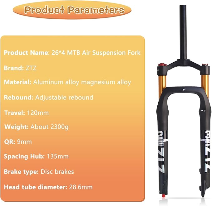 ZTZ 26 * 4.0 inch Fat Tire MTB Air Suspension Fork - Ultralight Rebound Adjustment Front Fork,120mm Travel, 135mm Spacing Hub，9mm QR，Crown Lockout， Ideal for Snow Beach XC Mountain Bikes