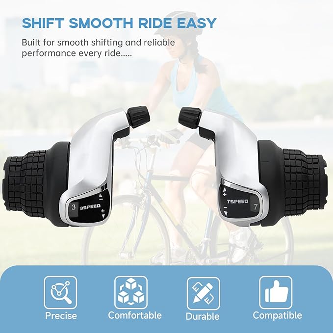 3x7 Speed Grip Shifter, Left 3 Speed Grip Shifter and Right 7 Speed Shifters Bicycle Gear Shifter 21 Speed for MTB City Commuter Youth & Kids Bikes (Black and Silver)