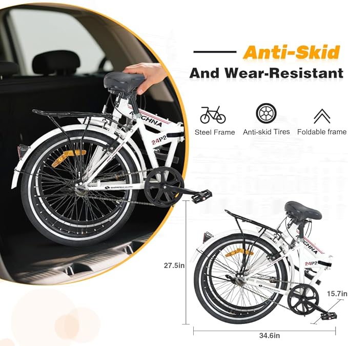 24 Inch Folding Bike for Adults, Steel Frame Single Speed City Commuter Bicycle, Dual V-Brake Portable Compact Bike with Fenders for Men Women