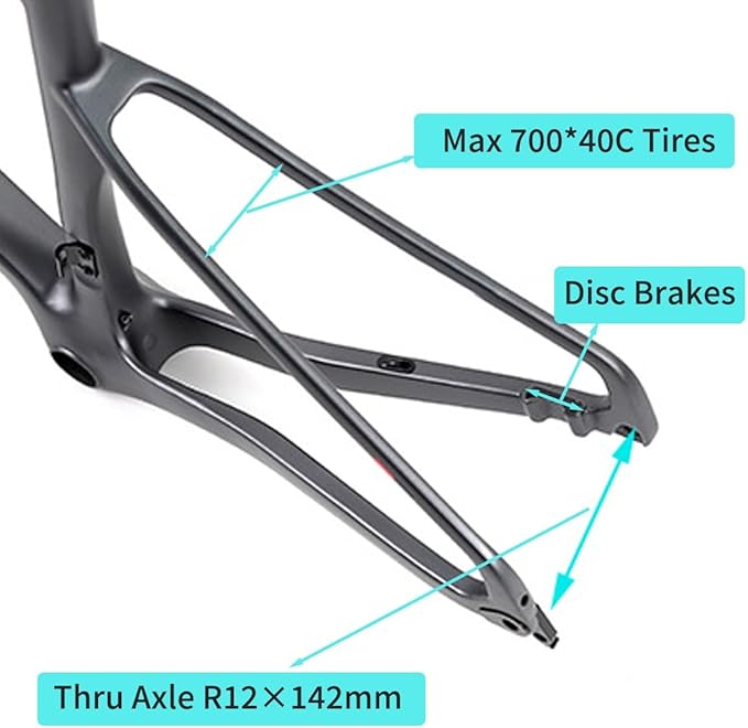 700C Carbon Fiber Gravel Bike Frameset 45/48/51/54CM Road Off-Road Bike Disc Brake Frames Thru Axle Front12×100mm Rear12×142mm Internal Routing(Dark Gray,51CM)