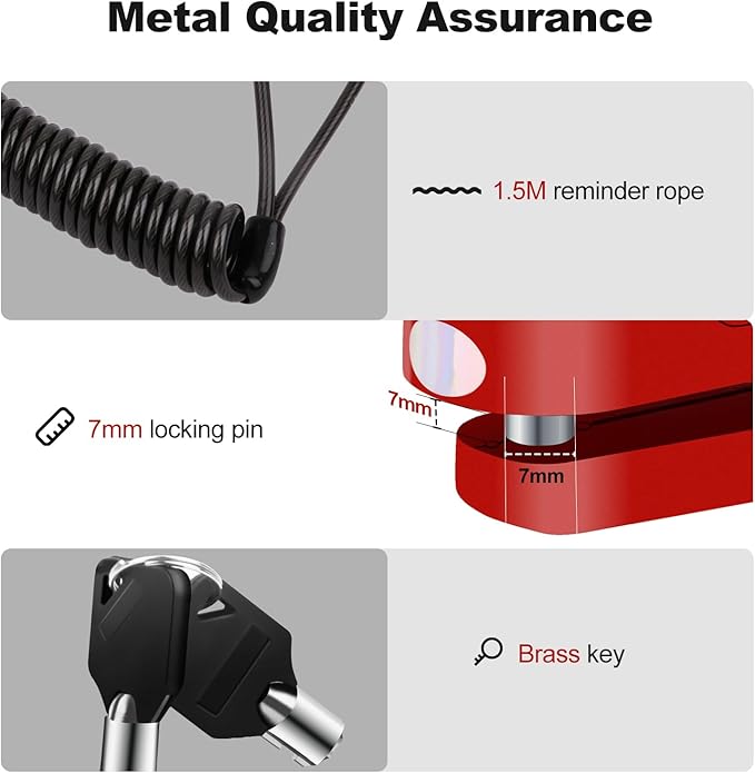 AGPTEK 110dB Motorcycle Brake Lock with 5FT Reminder Cable, Anti-Theft Padlock Waterproof with Lock Pin Carrying Bag for Motorcycle Bike Scooter