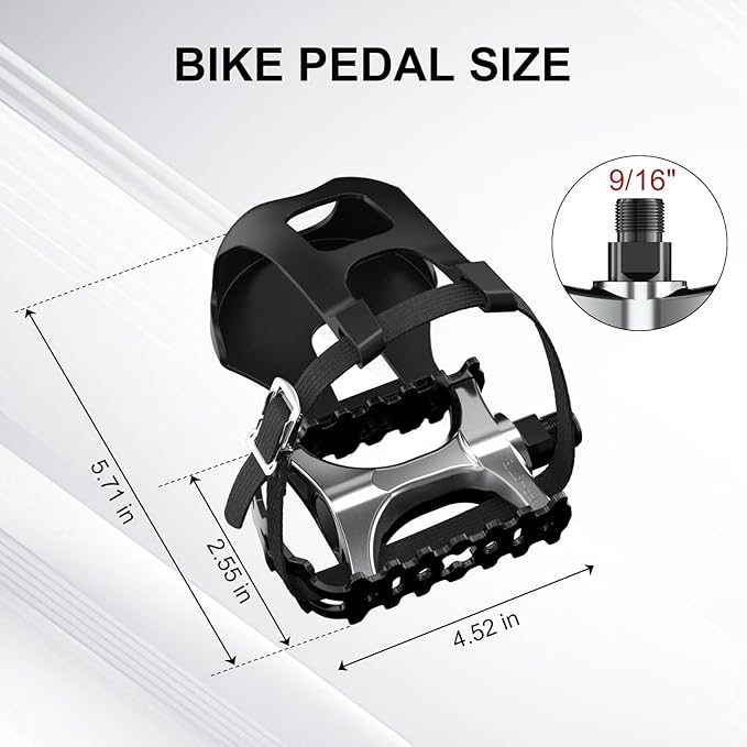 Bike Pedals with Toe Cages and Adjustable Straps - 9/16 Inch Aluminum Alloy MTB Pedals with Sealed Bearing - Wide Platform Bicycle Flat Pedals for Road Mountain Indoor Cycling