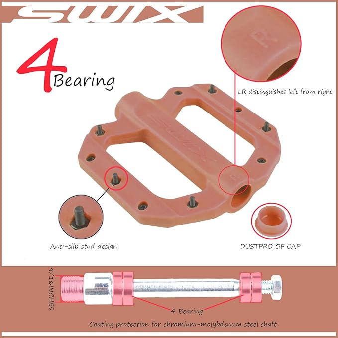 SWIX Bike Pedals Professional Mountain and Road Bike Flat Pedal Wide Paltform and Lightweight Non-Slip Pedal for 9/16" Bike/Hybrid Bike/E-Bike Parts Replacement Pedals Bike Accessories