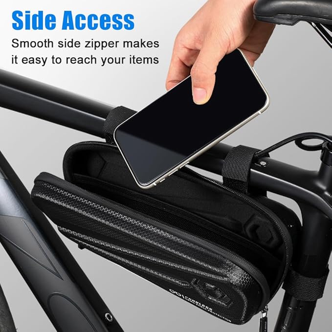 Bike Frame Bag 1.5L, EVA Hard Shell Bicycle Triangle Bag with Carbon Texture, Top Tube Cycling Storage Pouch with Reflective Logo and Side Zipper for MTB Road Bike