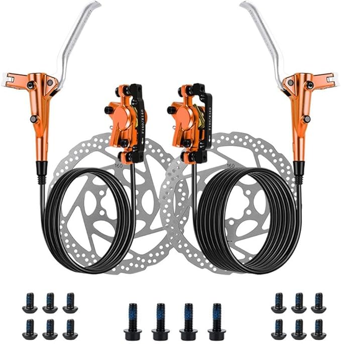 Bicycle Hydraulic Disc Brake Set, Front 800Mm Rear 1400Mm Hose 2-Piston MTB Brake System With 160Mm Rotors For Mountain Bike, 370N Stopping Power(Orange)