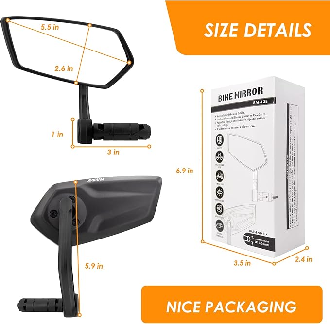 Arkham Bike Mirror for 0.59-0.65" Diameter Handlebar HD Bar End Bicycle Mirror Auto-Grade Glass fits Thickened Automotive Grade Glass for Handlebar E-Bike (Pentagonal Pair)